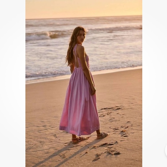Free People Fp Beach Free-Est Gitana  Maxi Dress Linen Pleated Billowy Smocked - Picture 5 of 10
